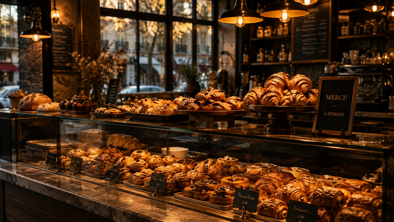 An elegant bakery counter with pastries remaining near closing