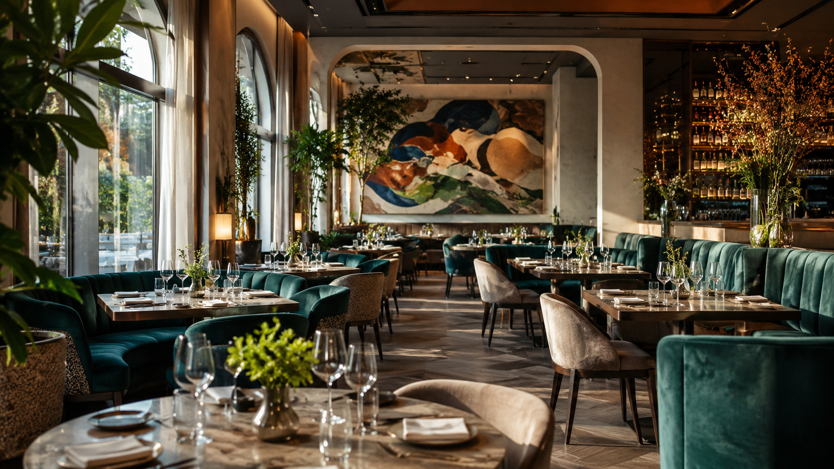 An elegant restaurant dining room during quiet hours